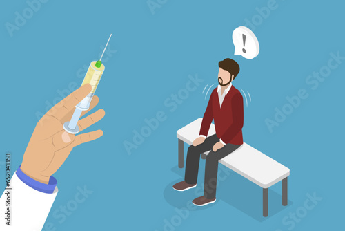 3D Isometric Flat Vector Conceptual Illustration of Fear Of Needles, Scared Person Afraid of Medical Shots