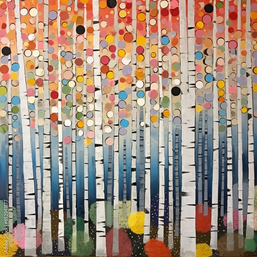 Abstract colorful geometric illustration of birch trees, birch tree forest, square aspect ratio. Generative AI. 