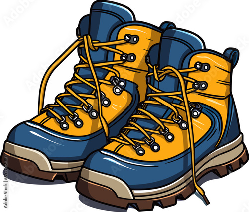 Modern hiking or tracking blue boots with laces. Colored vector, trendy trecking shoes isolated on white background