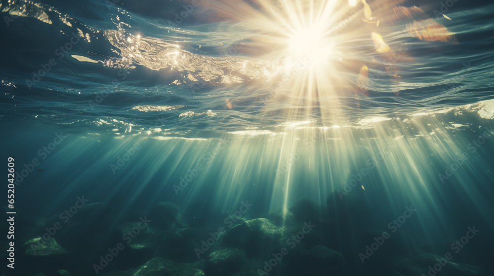 The sun shining through clear blue water