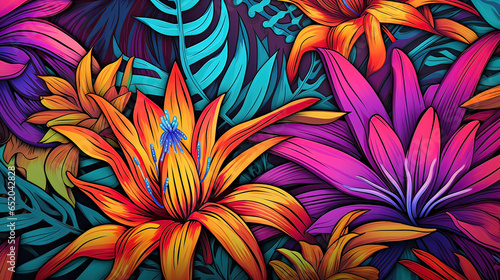 Seamless pattern of vibrant tropical flowers  bursting with color.   AI generative