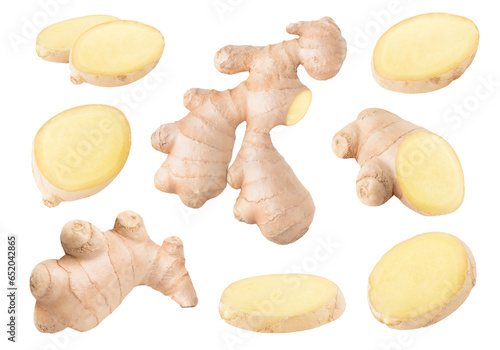 Bild auf Leinwand Collection of raw ginger root pieces cutout