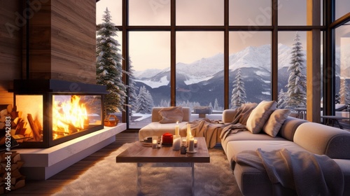 Cozy modern interior of a winter living room at a ski resort at sunset © Ms VectorPlus