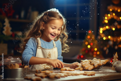 A joyful, spirited little girl delights in baking Christmas cookies, filling her cozy home kitchen with laughter and the sweet aroma of holiday treats.