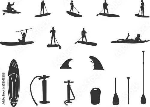 Paddleboarding equipment silhouettes, Paddleboard silhouette, Paddleboarding silhouettes, Paddleboard svg, Paddleboard vector, Paddle surfers V02.