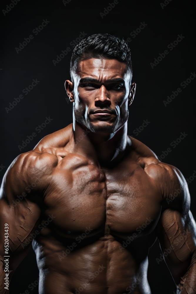 Muscular man, MMA fighter, studio portrait on black background