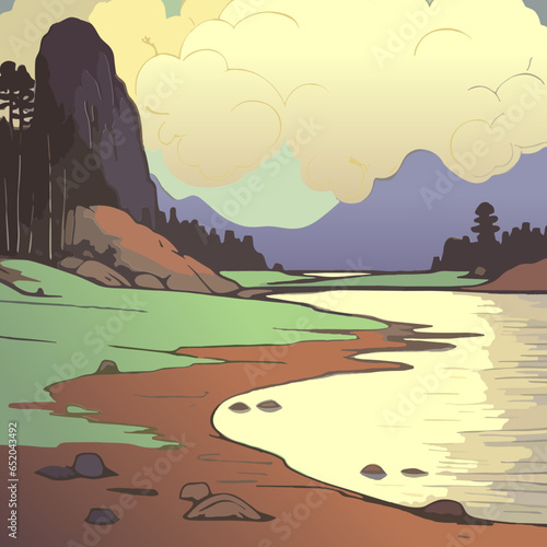 Vector landscape with trees   river and mountains 