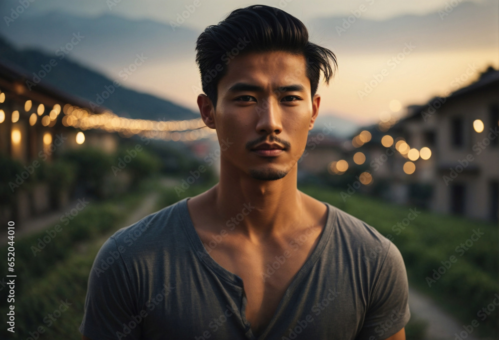 Bellissimo uomo di origini asiatiche con abito casual in una sera d'estate al tramonto in una località di vacanza in Italia con luci sullo sfondo