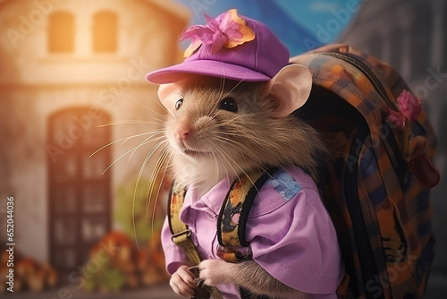 A mouse dressed as a schoolgirl in a pink baseball cap and a blouse with a big backpack behind her against the background of a fairy-tale town