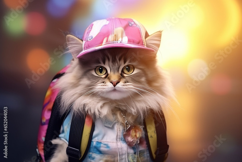 A beautiful fluffy kitten dressed as a schoolgirl in a pink cap, and a colored shirt with a backpack over her shoulders stands on a blurred sunny background.
