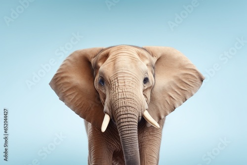 Elephant headshot photo on pastel blue background. AI generated