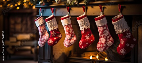 Christmas Santa stockings hanging in a fireplace