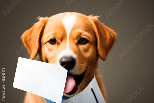 image of an endearing and charming dog, holding a white banner with an appealing design. © Chrish