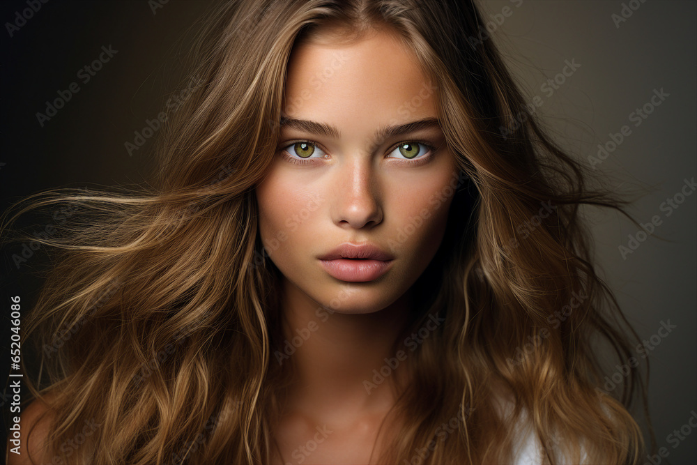 Fototapeta premium Generative Ai portrait of young pretty woman natural beauty brown volume hairstyle on background