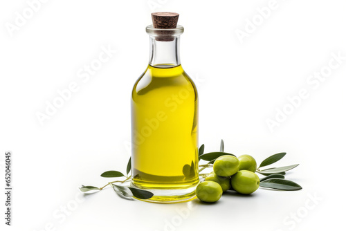 Glass bottle with olive oil plugged with wooden cork with elements of green olives and green leaves isolated on white background.generative ai 