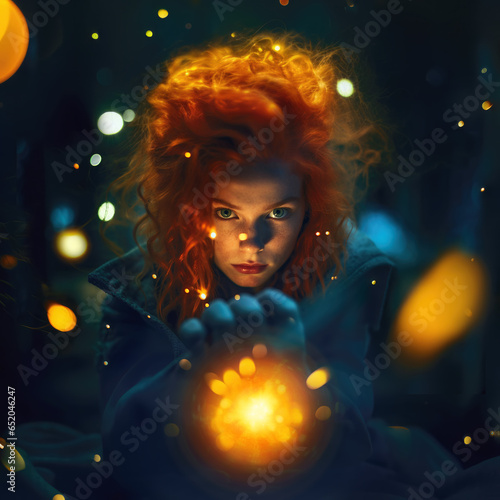 Young modern witch gazes intensely at the camera while casting a luminescent spell with her hands. Contemporary fantasy concept