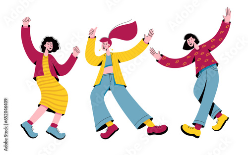 Group of young happy dancing women. Girls enjoying dance party. Celebration, party, friends, friendship concepts.