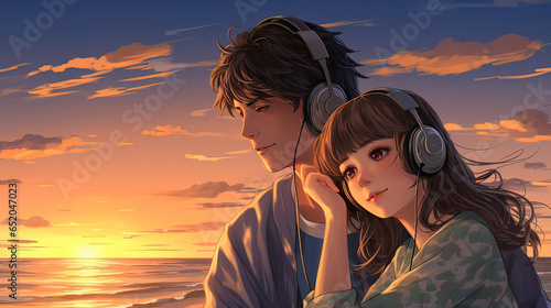 Sunset beach scene; anime duo sharing headphones, listening to lo-fi, with manga pages blowing softly in the sea breeze. AI generative