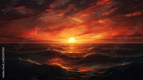 Sunset over a vast ocean, where the horizon melts into liquid gold. AI generative