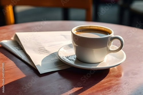 cup of delicious morning coffee and a fresh newspaper on the table