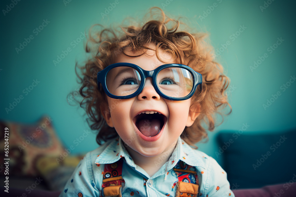 Photography of a pretty cheerful joyful child in big trendy glasses having fun generative AI Photography of a pretty cheerful joyful child in big trendy glasses having fun generative AI