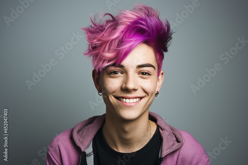 Photo portrait made by generative AI of non binary person with bright pink hair gay lgbt parade photo