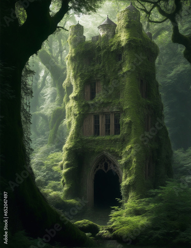 A sppoky haunted castle somewhere in dark medieval forests, halloween theme castle, generative ai photo