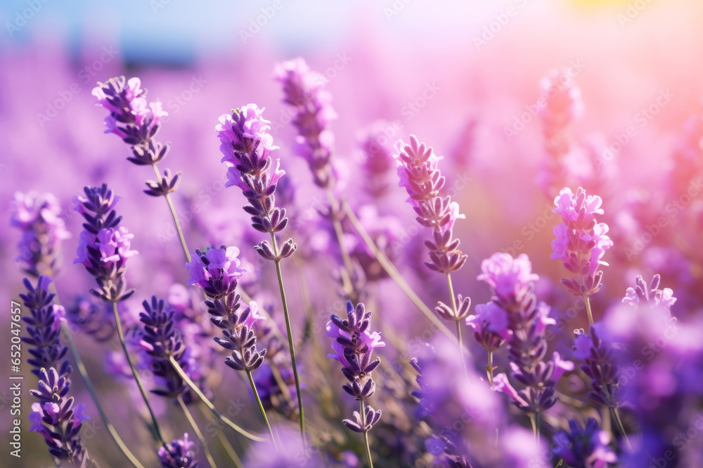 Fototapeta premium Lavender flower field, blooming purple fragrant lavender flowers. Growing lavender over the western sky, harvest, perfume ingredient, aromatherapy. Lavender field close up view.generative ai 