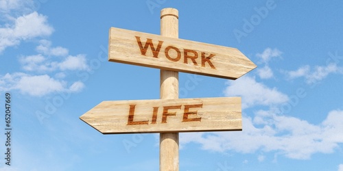 Life and work text on wooden sign post with sky background  life work balance concept  career business decision