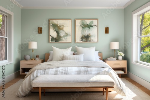 Cozy bedroom modern interior, painted walls room © Slanapotam