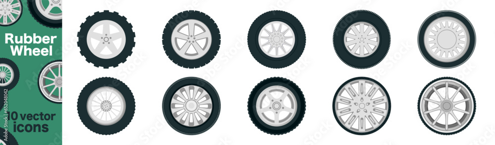Set of isolated rubber tyre, car tire, truck wheel. Vector black wheel disks icons set