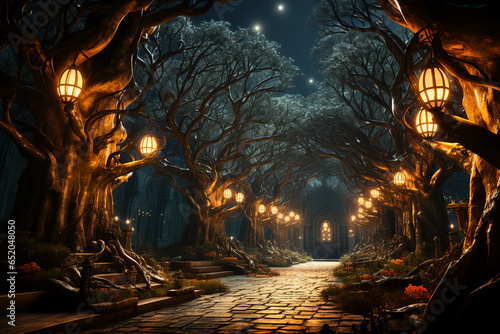 Fairy tale archway with magic light through an enchanted forest generative AI picture