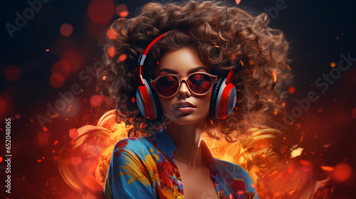 beautiful curly girl in headphones and sunglasses on colorful background  Dj girl