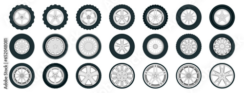 Wheel tires. Car tire tread tracks, motorcycle racing wheels icons. Car tires and track traces vector isolated icons