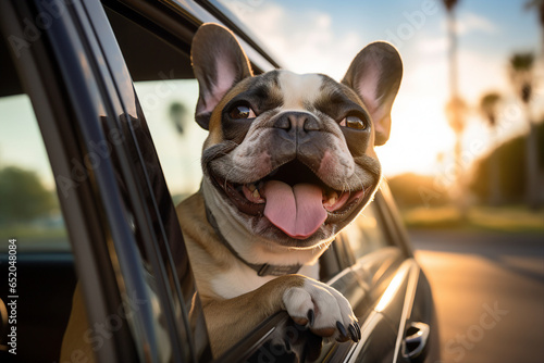 Photography of a happy beautiful dog traveling by car and enjoying weekend trip generative ai concept © Tetiana