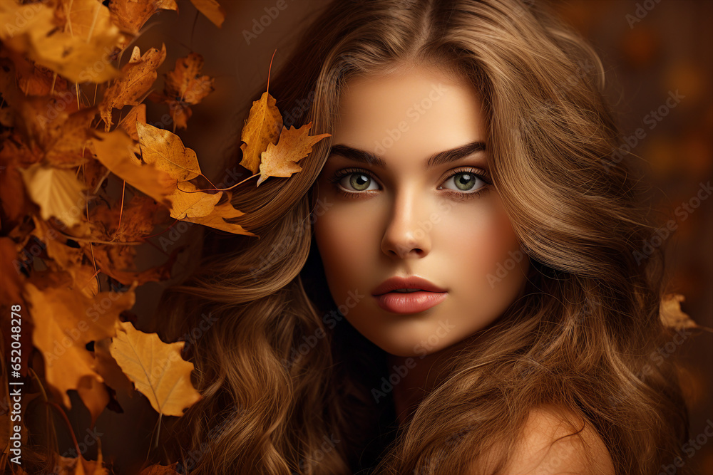 Generative Ai illustration of stunning woman surrounded by dry foliage autumn decorations background Generative Ai illustration of stunning woman surrounded by dry foliage autumn decorations background