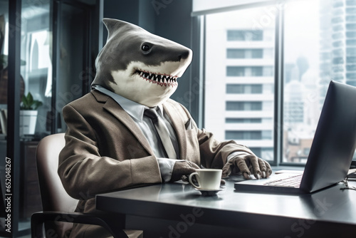 Smiling shark wearing business suit working on laptop sitting at desk in its office