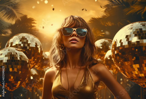 sexy woman in golden dress on open air event party. Perfect for stylish club, disco, fashion events