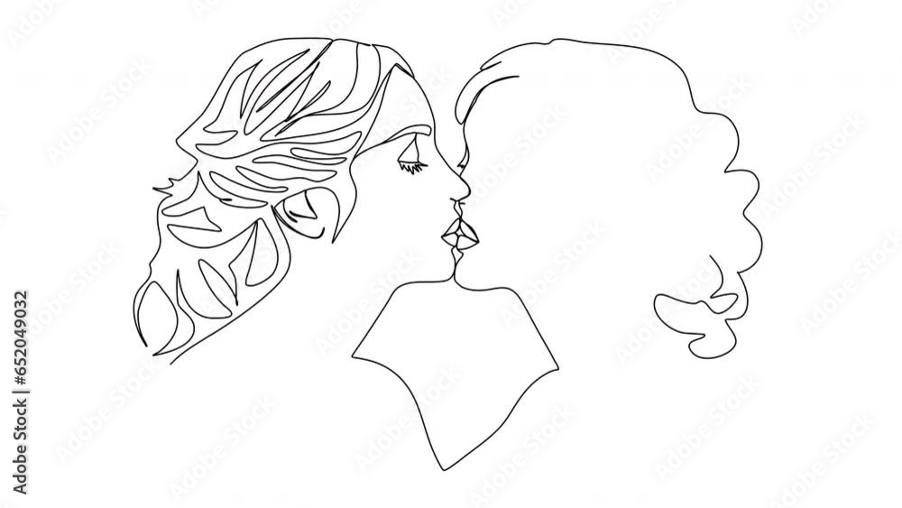 Continuous line two girls kiss line art animation. One line art. Continuous line two girls kiss line art animation. One line art.