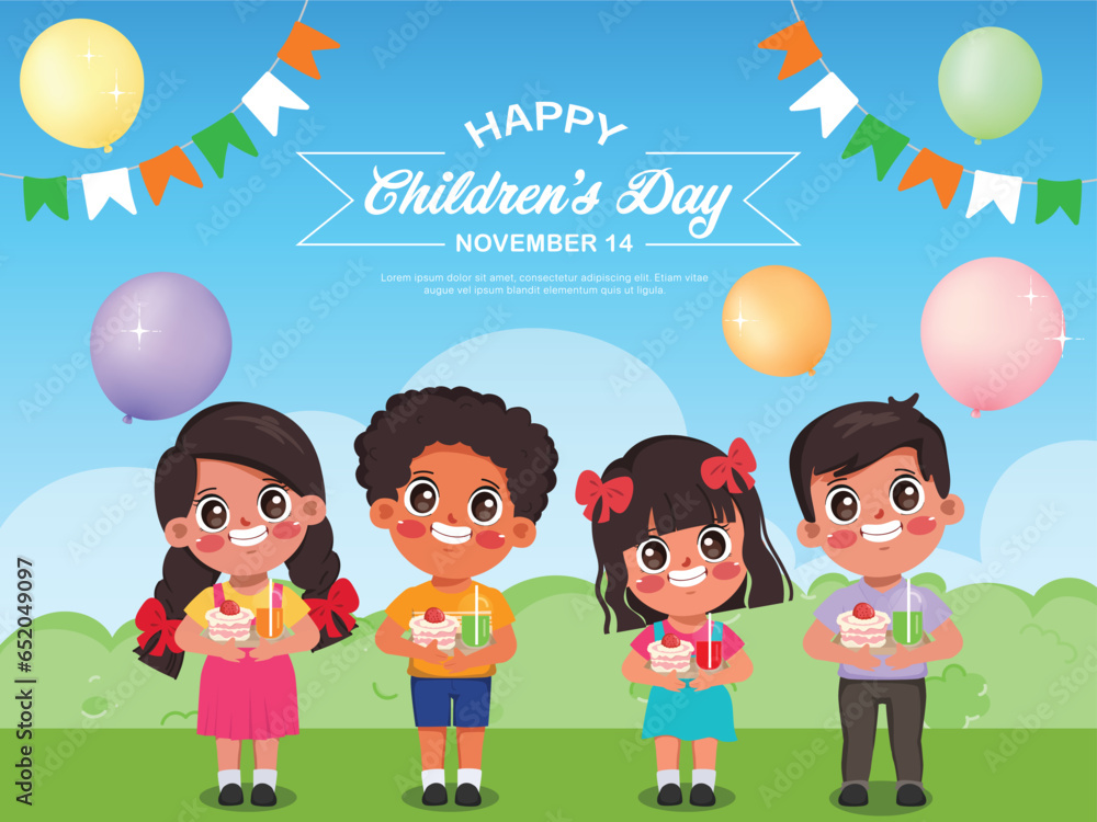 Children's Day in India vector. Indian children with food and gift. Children's Day Poster, November 14. Children's Day in India vector. Indian children with food and gift. Children's Day Poster, November 14.