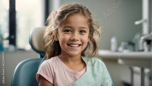 Bellissima bambina bionda seduta sulla sedia di uno studio dentistico, dentista, odontoiatra, cure dentali