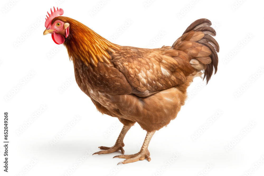 Fototapeta premium Live red hen isolated on white background, close up view.generative ai