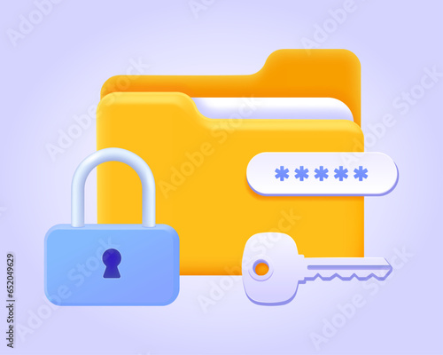 Folder with files protected by password, personal data security. 3d icon for landing page. Three dimensional vector illustration collection for website, print, banner, software, application
