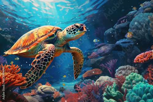 Sea turtle explores the depths above a lush and diverse underwater garden, showcasing a vibrant and peaceful aquatic ecosystem © ChaoticDesignStudio