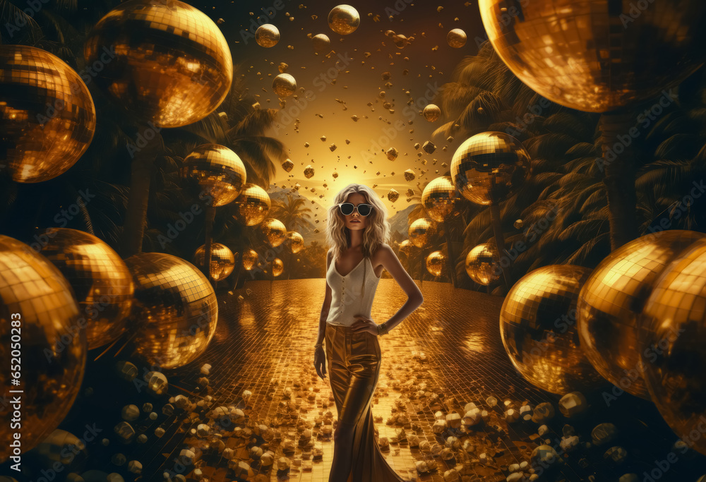 sexy woman in golden dress on open air event party. Perfect for stylish club, disco, fashion events - obrazy, fototapety, plakaty 