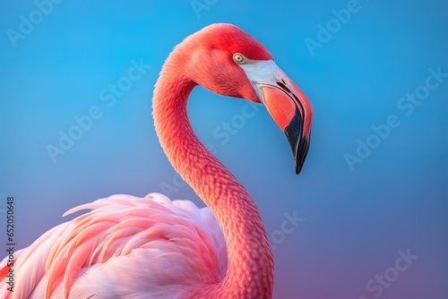 Closeup of a pink flamingo with a blue sky