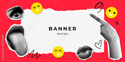 Modern banner design with halftone body parts. Background with hand, lips, eye. Kissing lips. Tongue stuck out. Y2K style. Vintage newspaper parts. Torn paper. Retro halftone collage. Comics style