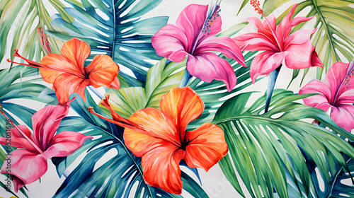Tropical flowers  palm leaves  hibiscus  bird of paradise flower. Beautiful floral jungle pattern background