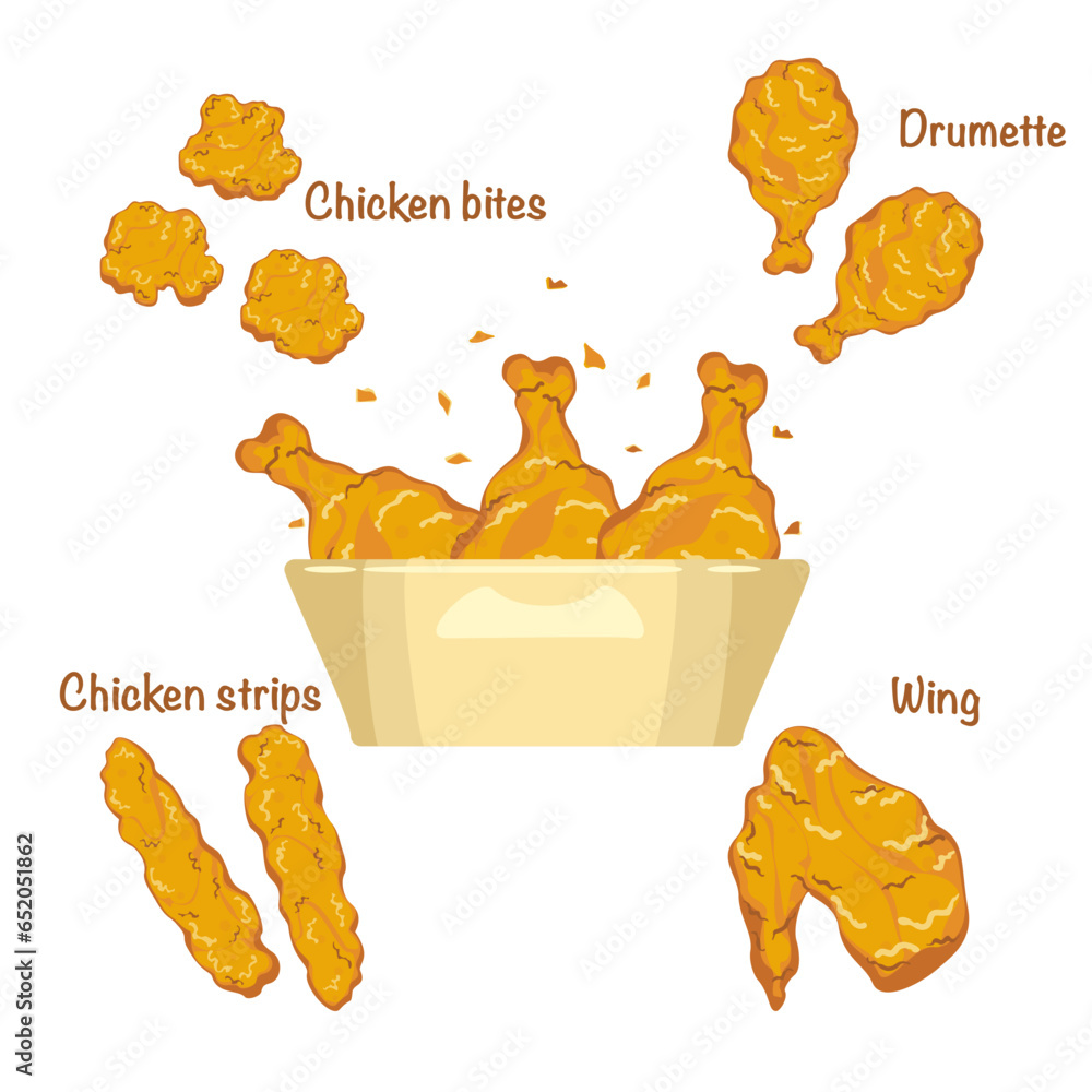 Crispy fried chicken cartoon set chicken bites, drumette, chicken