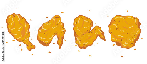 Cartoon set of 4 crispy fried chicken, thigh meat, chicken wings, chicken thighs, crunchy fast food delicious food menu inverter illustration.